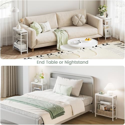 End Table Set of 2 for Small Space, 3-Tier Narrow Side Table with Magazine Holder,Small Nightstand, Skinny Snack Couch Table in Living Room, Bedroom Study and Balcony (White) - Image 4
