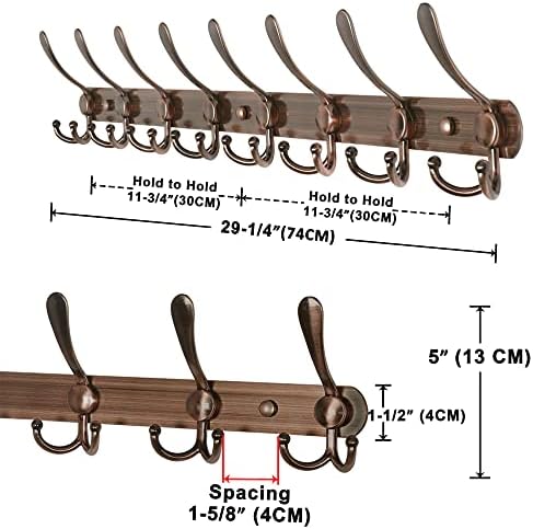 Dseap Coat Rack Wall Mount - 29.5” Long 8-Tri-Hooks Heavy Duty Coat Hanger Rail Wall Hooks for Hanging Coats Hats Clothing Clothes Purse Mudroom Entryway, Red Antique Copper - Image 6