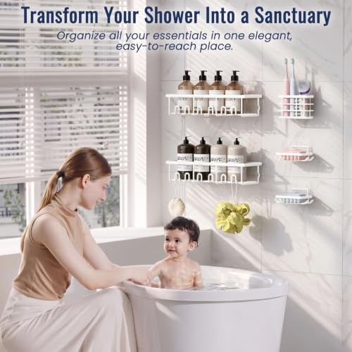 5 Pack Adhesive Bathroom Holders & Dispensers for Kids & Adults, White - Image 3