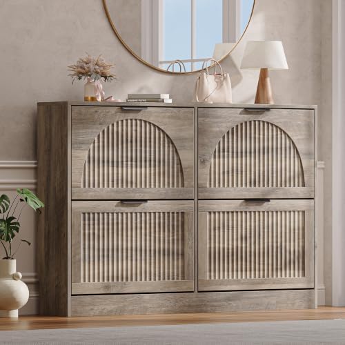 Fluted Shoe Storage Cabinet for Entryway, 4 Flip Drawers, Grey by BOXACTION