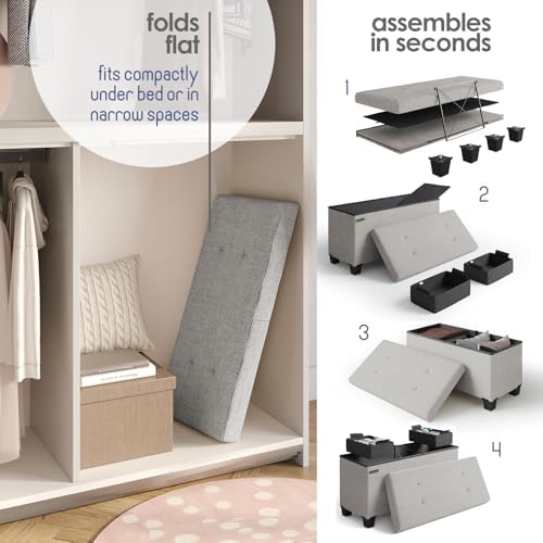 Storage Ottoman Bench with Bins, 30-in Storage Bench for Bedroom End of Bed, Folding Foot Rest Ottoman for Living Room Max 660lbs, Fabric Ottomans, Light Grey - Image 6