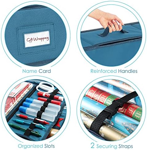 Hearth & Harbor Wrapping Paper Storage Container - Christmas Storage Bag with Ribbon Dispenser and Interior Pockets - Gift Wrap Organizer Fits Up to 26 Rolls of 40" Length, Blue - Image 4