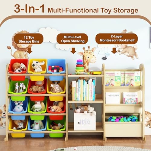Toy Storage Organizer with 3 Shelves &12 Bins, Kids Bin Shelf, Multi Color | 2-Tier Bookshelf/Bookcase with Storage Box, Toys Box for Bedroom, Playroom, Organization Room Decor - Image 4