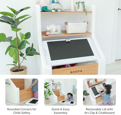 Step2 Harmony Toy Storage Box, Wood and Plastic, Shelves for Books, Toy Storage Bin with Chalkboard Lid and Clip, Easel and Toy Organizer in One, White - Image 2