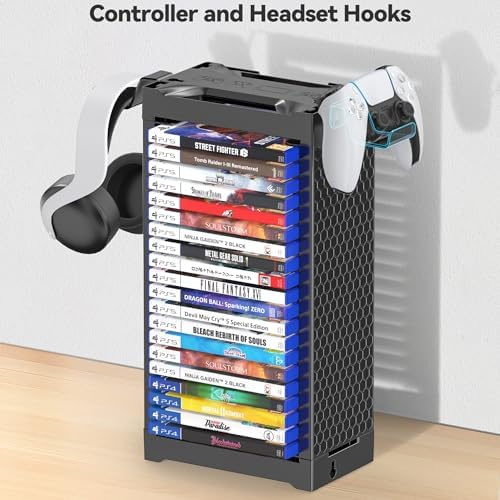 Video Game Storage Tower Holder with Controller Stand, Wall Mount Game Organizers and Storage for Nintendo Switch 2/ PS5/4/ XboxOne/Series, Vertical & Horizontal Stand for 20 Gaming Discs Accessories - Image 5