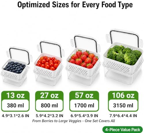 Fruit Storage Containers for Fridge with Lids, Fridge Organizers and Storage Produce Saver Box with Removable Drain Basket for Fruit Berry Salad Vegetable Meat, 380ml to 3150ml (4 Pack) - Image 2