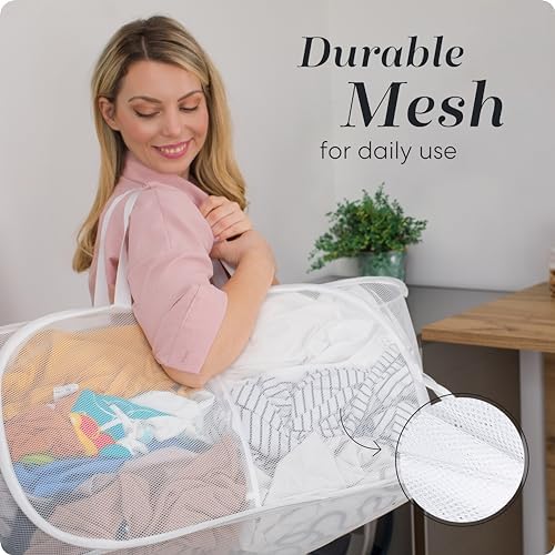Handy Laundry Collapsible Laundry Basket, 2-Compartment Mesh Hamper – Foldable, Space-Saving, Lightweight & Durable with Handles for Dorm, Travel, Laundry Room, Apartment – White - Image 6