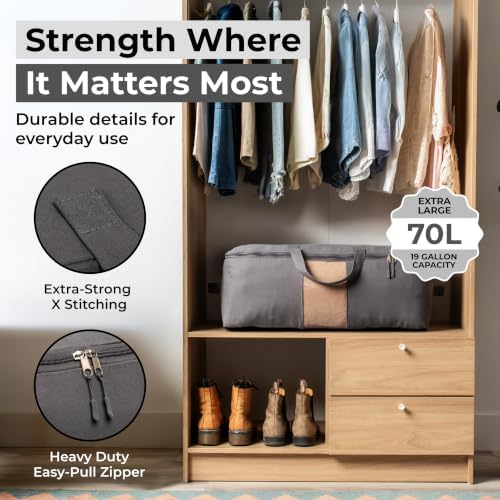Soft Canvas Storage Bags with Zipper. Thick Breathable, 1pc King/Queen Comforter Organizer. Four Carrying Handles and Window. Large 25x19x9in Bag for Sheets Blankets Bedding Pillows, Clothes (Grey) - Image 3