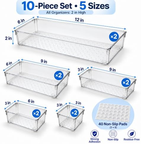 10 Pack Clear Drawer Organizer, 5 Sizes, Non-Slip Storage Trays - Image 2