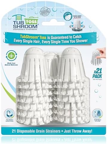 TubShroom Toss 21pk Disposable Bath Tub Drain Strainers - Hair Catcher Snare for Shower Bathtub to Prevent Clogged Drains, Traps Human and Pet Hair, One Year Supply (White) by TubShroom