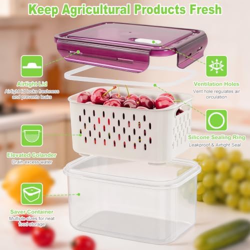 4Pack Fruit Storage Container for Fridge with Colander and Vent - Purple - Image 4