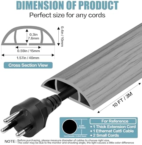 Floor Cord Cover Self Adhesive Cord Hider,10FT Cable Management, Extension Strip Protector for Wires, Prevent Cable Trips for Offices, Gyms, Exhibitions Cavity:0.51"(W) x 0.3"(H) Gray Wood - Image 2