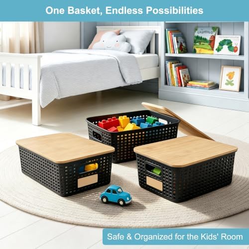 Bagnizer Small Plastic Storage Bins with Bamboo Lids 5.2qt Stackable Box Basket Pantry Decorative Containers Cute with Lable for Organizing Desktop Closet Office Black of 6 packs 10 * 7.2 * 4.1" - Image 4