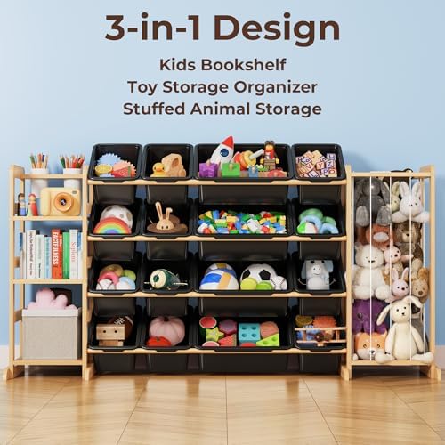 Toy Storage Organizer with Bookshelf and Stuffed Animal Storage - Kids Playroom Organization with 3 Shelves and 16 Bins - Toddler Living Room Toy Box for Collections - Nursery Bedroom Decor Essential - Image 4