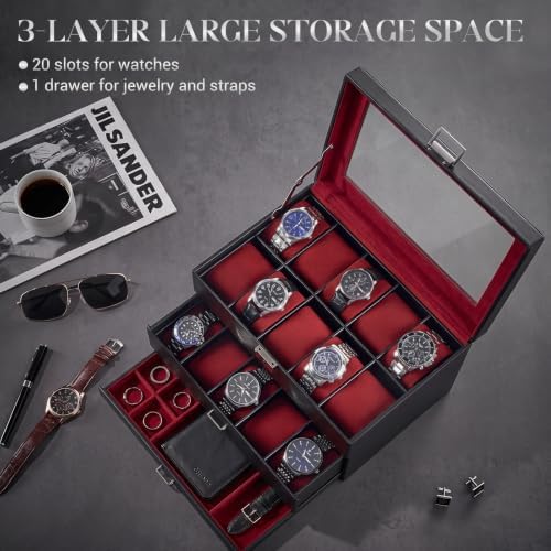 ProCase 3-Layer Watch Box with Glass Lid for Men, 20-Slot, Winered - Image 4
