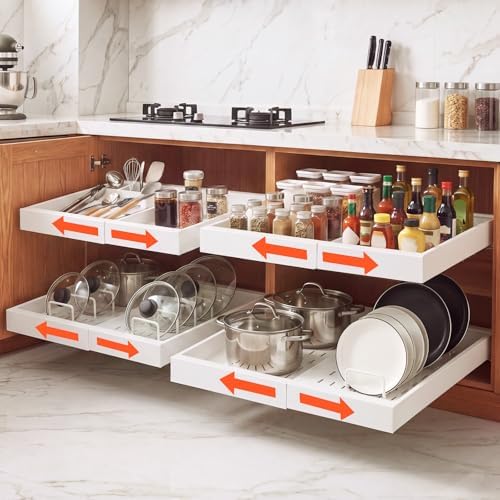 VEVOR Pull Out Cabinet Organizer, 4 Pack Expandable Width (12.2"-18.9"), 20.47" Deep Pull Out Drawers for Cabinets, Sliding Drawer for Kitchen Pantry Cabinet Organizer with Nano Adhesive Strips, White by VEVOR
