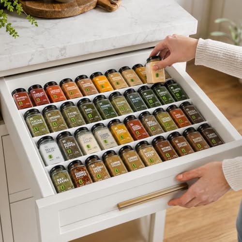 Spice Drawer Organizer, 4-Tier Spice Rack for Drawer Fits 11.8-22.8 in Wide, Expandable Seasoning Organizer with 2 Silicone Funnels and 160 Labels for Kitchen Cabinet Organization, White - Image 2