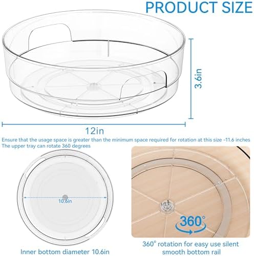 Yieach 4 Pack 12" W Clear Acrylic Lazy Susan Turntable for Cabinet,Refrigerator,Pantry and Kitchen - with Handle - Large Fridge Sauce Condiment Turn Table Organizer,Spinning Round Spice Rack Carousel - Image 3