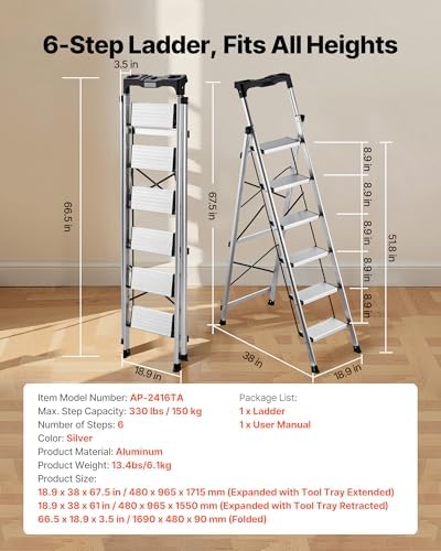 VEVOR 6 Step Ladder, Folding Step Stool with Wide Anti-Slip Pedal and Comfort Handgrip, 330 lbs Capacity Portable Aluminum Stepladder, Multi-Use for Kitchen, Warehouse, Household and Office, Silver - Image 2