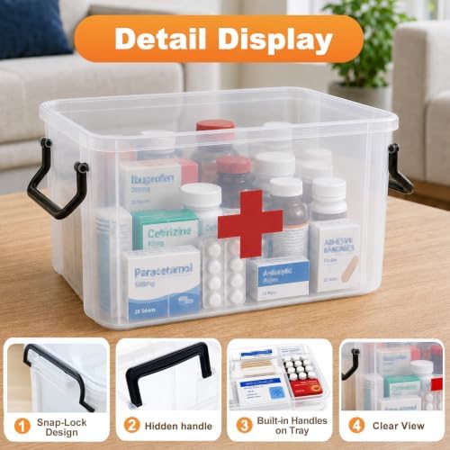 15QT Clear Medicine Organizer Box with Handle, Plastic Dorm Medicine Box with Tray, Empty First Aid Boxes, Thickened Medicine Storage Organizer, Multipurpose Medication Organizer Storage, Clear - Image 3