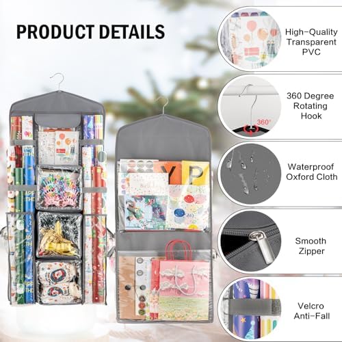 Christmas Wrapping Paper Organizer Storage, Hanging Gift Bag Storage Organizer, Double-Sided Wrapping Paper Holder Storage - Grey - Image 3