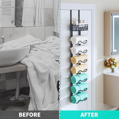 HapiRm Over The Door Towel Rack - 8 Tier Wall Mount Rolled Towel Holder Storage Organizer Shelf with Storage Basket for Small Bathroom, Rv, Camper - Black - Image 3
