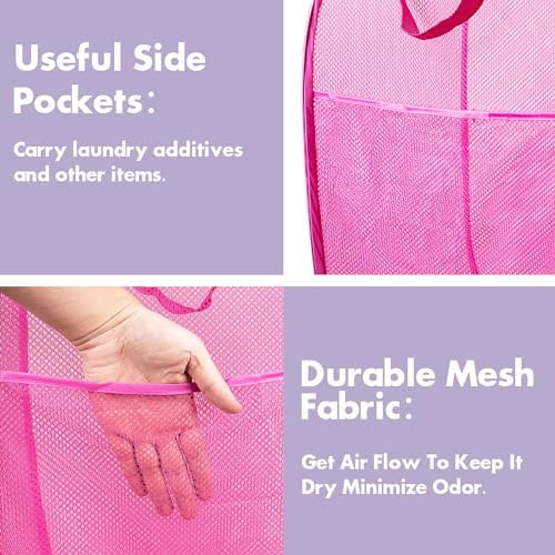 2 Pack Pop Up Laundry Hampers, 70 L Collapsible Foldable Mesh Basket, Pink - Image 4