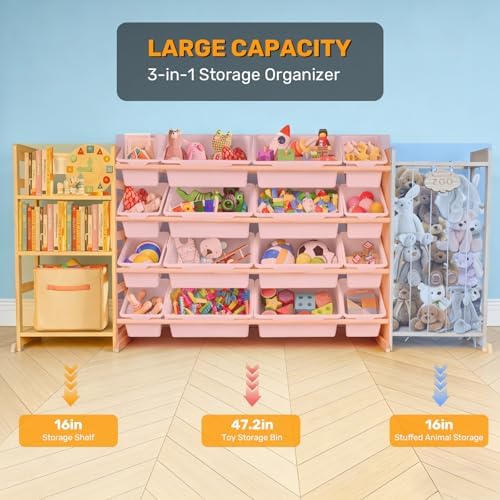 81" Large Toy Storage Organizer with Bins Shelves & Stuffed Animal Storage for Kids Wood Toddler Playroom Organization with Bookshelf Toys Box Wooden Organizers for Kids Room Nursery Bedroom - Image 3