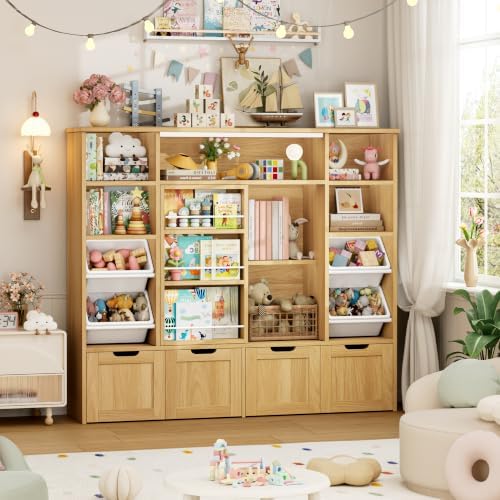 FINETONES Toy Storage with Sliding Bookshelf, Toy Organizer with 4 Bins - Image 4
