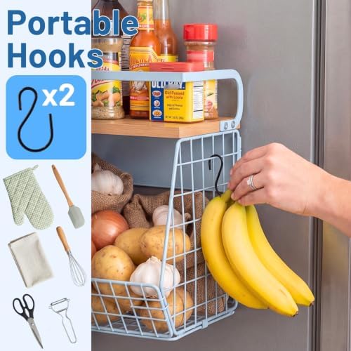 Magnetic Shelf for Fridge with Wood Lid, Fruit Potato and Onion Storage Bins, Pantry Organizers & Storage, Large Container Magnetic Spice Rack for Refrigerator, Kitchen Counter, Cabinet (Blue, 2) - Image 4