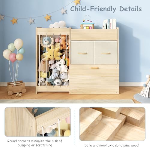 EXPERLAM Toy Storage Organizer with Stuffed Animal Holder, Solid Wood Kids Toy Shelf with 2 Drawers, Rolling Toy Chest and Top Rack, Plush Toy Storage for Bedroom, Playroom, Nursery - Image 5