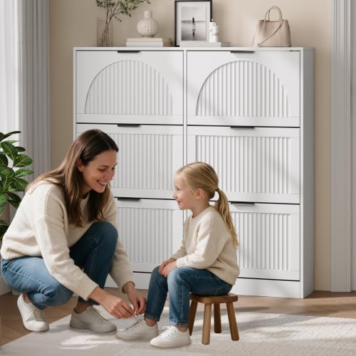 Fluted Shoe Storage Cabinet for Entryway, 6 Flip Drawers, White - Image 6