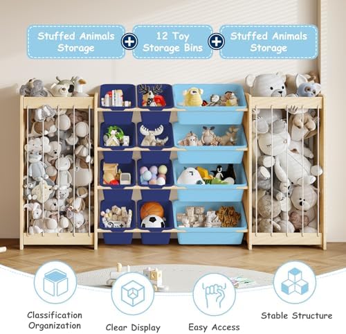 EXPERLAM Large Toy Storage Organizer, Wooden Stuffed Animal Storage & 12-Bins Toy Organizer, Double-Sided Plush Toy Holder Featuring Thicker Ropes, Space Save Bedroom Nursery Playroom Storage, Blue - Image 4