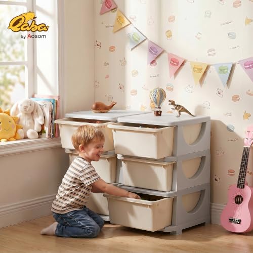 Qaba 6 Drawers Kids Storage Unit 3 Tier Toy Organizers Cream White - Image 2