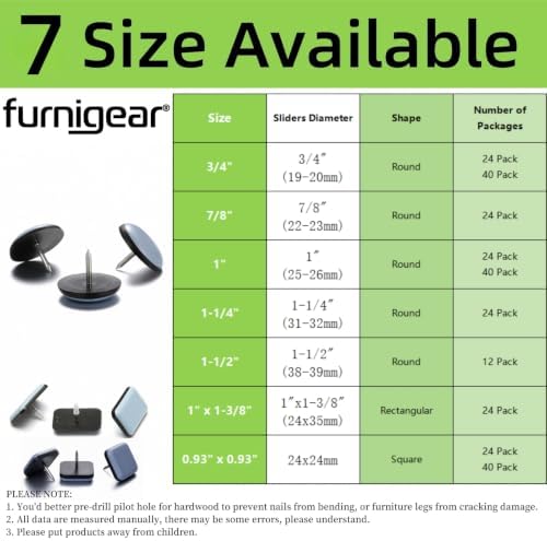 1" Nail on Furniture Sliders (24 Pack) - Furnigear Heavy Duty PTFE (Teflon) Chair Sliders Glides Wooden Furniture Movers Move Your Furniture Easily & Safety - Chair Leg Floor Protectors Square - Image 3