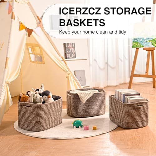 ICERZCZ Storage Baskets for Organizing Shelves, Woven Cotton Rope Bins for Baby Nursery Organization, Book Toy Towel Organizer, 15"x11"x9.5", 3 Packs, Dark Brown - Image 6