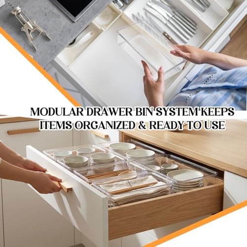 Maitys 12 Pcs Clear Drawer Organizer 9 x 6 x 2 Inches Plastic Rectangle Trays Makeup Vanity Storage Bins and Kitchen Drawers Dividers for Office Desk Silverware Kitchen Utensils - Image 3