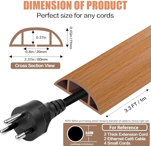 Floor Cord Cover Cavity 0.8"x0.37" Self Adhesive Cord Hider, 3.3FT Low Profile Cable Management, Extension Strip Protector for Wires, Prevent Cable Trips for Offices, Gyms, Exhibitions (Brown Wood) - Image 2