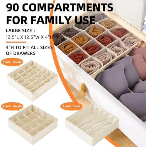 Criusia 6 Pcs Drawer Organizer Clothes - 90 Cells Closet Organizers and Storage for Baby Nursery - Washable Fabric Dresser Organizer Dividers for Sock Underwear Bra Dorm Room Essentials (Beige) - Image 2