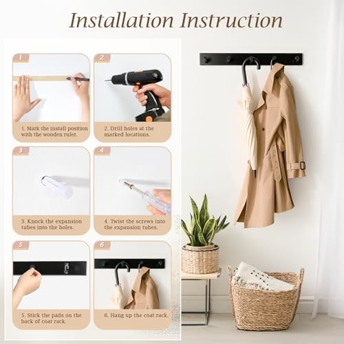 Coat Rack Wall Mount, Wooden Coat Hanger, Black, 2 Pcs - Image 7