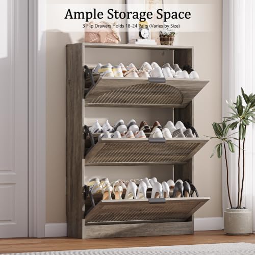 Fluted Shoe Storage Cabinet for Entryway, 3 Flip Drawers, Grey - Image 3