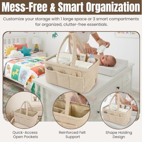 Baby Diaper Caddy Organizer - Soft Beige Sherpa Diaper Storage Bag | Nursery Organizer with 3 Removable Compartments & 6 Side Pockets - Portable Baby Organizer for Diapers,Wipes & Essentials - Image 2