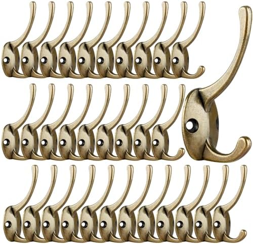 IBosins 32 Pack Antique Brass Double Coat Hooks Wall Mounted with 64 Screws by IBosins