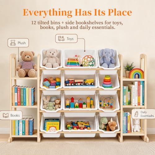Toy Storage Organizer with Bookshelf – Wooden Toy Organizer with 12 Toy Bins & 6 Tier Bookcase,Quick Assembly Kids Bookshelf,Toy Bin for Playroom, Bedroom, Nursery– White - Image 4