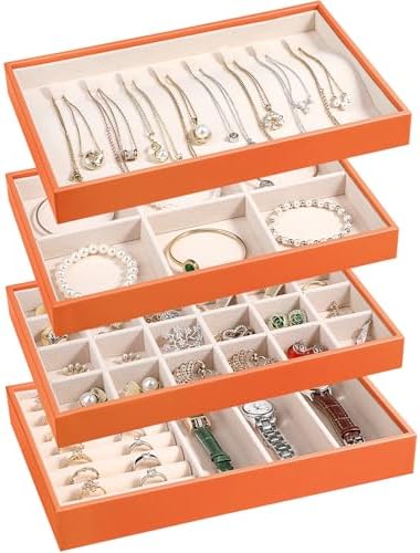 LANDICI 4-Piece Stackable PU Leather Jewelry Organizer Trays, Orange by LANDICI