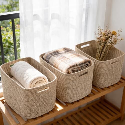 3 Pack Woven Baskets,Storage Baskets for Shelves with Handles by HZFTJOY