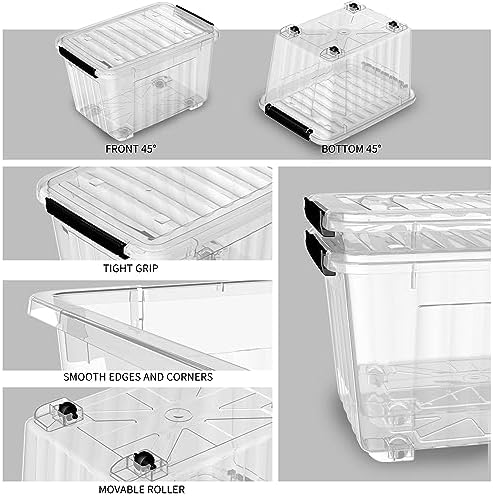 Cetomo 40Qt*3 Plastic Storage Bins, Storage Box, 3 Pack, Organizing Container with Wheels, Durable Lids and Secure Latching Buckles, Stackable and Nestable, Clear with Black Buckle - Image 2