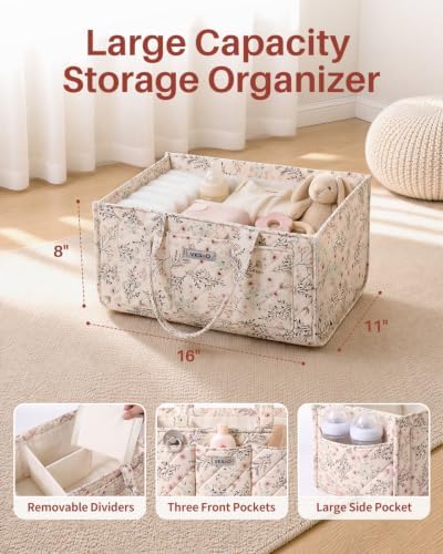 Large Floral Diaper Caddy Organizer Nursery Storage Basket, Gift for Baby Shower Diaper Bag Baby Registry Must Have Newborn Essentials, Beige Floral - Image 2
