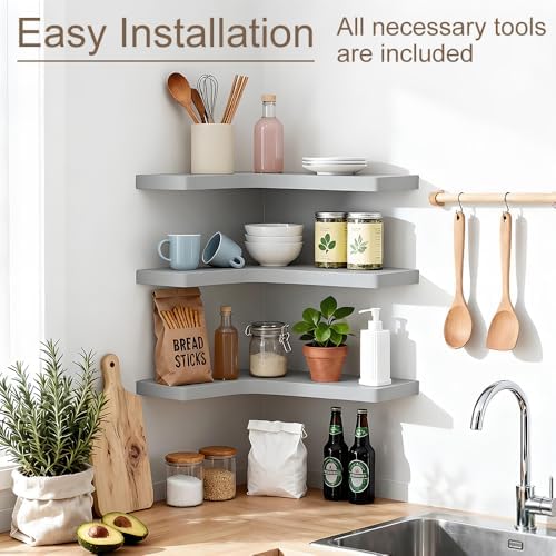 Floating Corner Shelves Set of 3, Solid Wood Picture Wall Shelf, Floating Shelves for Storage for Bedroom Kitchen Bathroom Living Room (Grey) - Image 4