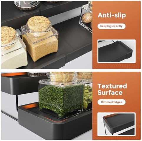 2 Pack Expandable Spice Rack Organizer for Cabinet - 3 Tier Adjustable Cabinet Spice Organizer Easy Visibility - Spice Organizer for Cabinet Countertop Cupboard Pantry Organization (Black) - Image 6